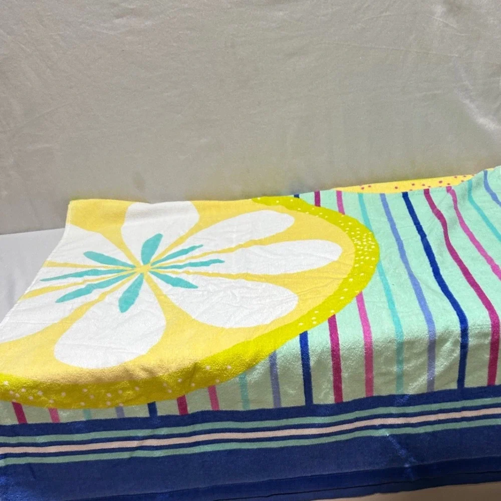Vera Bradley Beach Towel Floating Blossoms Cotton Blue Green Stripe‎ Lemon NEW